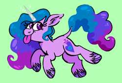 Size: 1316x900 | Tagged: safe, artist:msponies, izzy moonbow, pony, unicorn, g5, :p, cloven hooves, cute, female, green background, heart, heart eyes, izzybetes, looking back, mare, ms paint, requested art, simple background, smiling, solo, tail, tongue out, unshorn fetlocks, wingding eyes