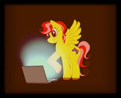 Size: 960x780 | Tagged: safe, anonymous artist, oc, oc only, oc:quick tap, pegasus, pony, brown background, computer, female, laptop computer, mare, simple background, wings