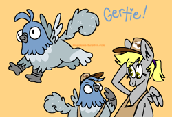 Size: 1316x900 | Tagged: safe, artist:msponies, derpy hooves, oc, oc:gertie, bird, griffon, pegasus, pigeon, pony, g4, alternate hairstyle, beak, carrier pigeon, duo, duo female, female, hat, heart, mare, ms paint, ponytail, raised hoof, salute, simple background, smiling, spread wings, tai, wings