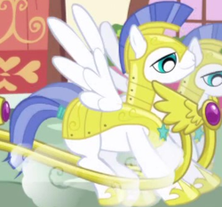 Size: 359x335 | Tagged: safe, screencap, pegasus, pony, friendship is magic, g4, my little pony: friendship is magic, armor, background character, background pony, carriage, cropped, duo, male, pegasus royal guard, royal guard, royal guard armor, solo focus, spread wings, stallion, wings