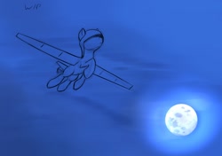 Size: 1422x1000 | Tagged: artist needed, safe, oc, oc only, oc:droner, original species, plane pony, pony, dark background, digital art, flying, moon, night, plane, raised hoof, sketch, sky background, solo, spread wings, wings, wip