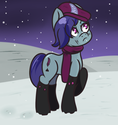 Size: 940x1000 | Tagged: safe, artist:lazerblues, onyx, pony, unicorn, g5, my little pony: a new generation, background pony, clothes, female, hat, mare, neet, scarf, snow, socks, solo