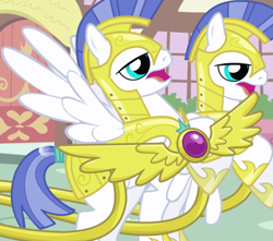 Size: 1219x1080 | Tagged: safe, screencap, pegasus, pony, friendship is magic, g4, my little pony: friendship is magic, armor, background character, background pony, cropped, duo, male, open mouth, pegasus royal guard, rearing, royal guard, royal guard armor, solo focus, spread wings, stallion, wings