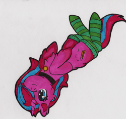 Size: 3284x3092 | Tagged: safe, artist:morrigun, oc, oc only, pony, unicorn, clothes, cute, eyes open, female, hair over one eye, high res, horn, jewelry, mare, necklace, socks, solo, traditional art, upside down