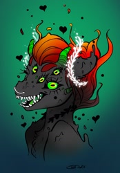 Size: 1494x2145 | Tagged: safe, artist:opalacorn, oc, oc only, oc:void, monster pony, pony, bust, female, floating heart, heart, horns, laurel wreath, mare, multiple eyes, nose piercing, nose ring, open mouth, piercing, sharp teeth, solo, teeth