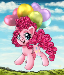 Size: 1800x2100 | Tagged: safe, artist:aalwa, pinkie pie, earth pony, pony, g4, balloon, cloud, flying, open mouth, sky