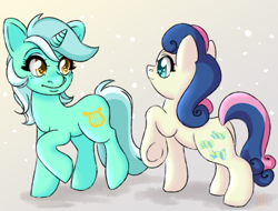 Size: 2100x1600 | Tagged: safe, artist:aalwa, bon bon, lyra heartstrings, sweetie drops, earth pony, pony, unicorn, g4, butt, duo, female, looking at each other, looking at someone, mare, plot, raised hoof, smiling, underhoof