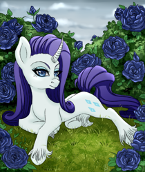 Size: 2100x2500 | Tagged: safe, artist:aalwa, rarity, pony, unicorn, g4, curved horn, flower, garden, high res, horn, leg fluff, lying down, rose