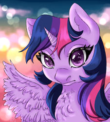 Size: 1900x2100 | Tagged: safe, artist:aalwa, twilight sparkle, alicorn, pony, g4, abstract background, blurry background, chest fluff, looking at you, simple background, solo, twilight sparkle (alicorn)