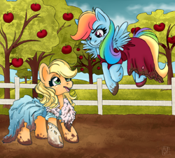 Size: 2100x1900 | Tagged: safe, artist:aalwa, part of a set, applejack, rainbow dash, earth pony, pegasus, pony, g4, alternate hairstyle, apple, dirty, fence, flying, food, mud, tree