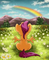 Size: 1700x2100 | Tagged: safe, artist:aalwa, scootaloo, pegasus, pony, g4, cloud, female, filly, flower, foal, looking at someone, looking up, mountain, pine tree, rainbow, sitting, sky, tree