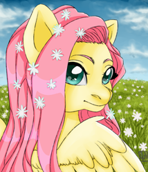 Size: 1800x2100 | Tagged: safe, artist:aalwa, fluttershy, pegasus, pony, g4, cloud, flower, flower in hair, looking at you, looking back, sky