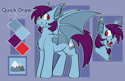 Size: 1510x983 | Tagged: safe, artist:poprocks, oc, oc:quick draw, undead, vampire, vampony, bat ears, bat wings, bust, chest fluff, color palette, cutie mark, facial hair, fangs, full body, goatee, mountain, red eyes, reference sheet, solo, text, tongue out, wings