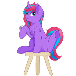 Size: 3000x3000 | Tagged: safe, artist:morrigun, oc, oc only, pony, unicorn, eyes open, female, hair over one eye, high res, horn, silly, simple background, sitting, stool, tongue out, transparent background