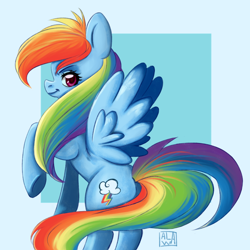 Size: 1080x1080 | Tagged: safe, artist:aalwa, rainbow dash, pegasus, pony, g4, abstract background, looking at you, looking back, raised hoof, simple background