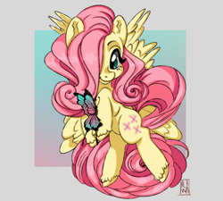 Size: 2000x1800 | Tagged: safe, artist:aalwa, fluttershy, butterfly, pegasus, pony, g4, abstract background, gradient background, hair over one eye, simple background