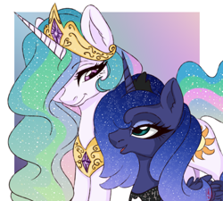 Size: 2000x1800 | Tagged: safe, artist:aalwa, princess celestia, princess luna, alicorn, pony, g4, abstract background, crown, hair over one eye, jewelry, open mouth, regalia, royal sisters, siblings, simple background, sisters