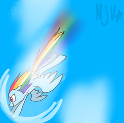 Size: 600x596 | Tagged: safe, artist:chandelurres, rainbow dash, pegasus, pony, g4, female, flying, mare, sky, solo, spread wings, wings