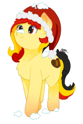 Size: 1444x2148 | Tagged: safe, artist:morrigun, oc, oc only, oc:chocolate sweets, earth pony, pony, christmas, commission, cute, earth pony oc, eyes open, female, hat, holiday, mare, santa hat, simple background, snow, solo, transparent background