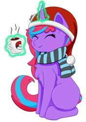 Size: 1570x2220 | Tagged: safe, artist:morrigun, derpibooru exclusive, oc, oc only, chocolate, christmas, clothes, cute, eyes closed, female, food, hat, holiday, hot chocolate, magic, mare, mug, santa hat, scarf, simple background, sitting, solo, transparent background