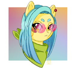 Size: 2000x1800 | Tagged: safe, artist:aalwa, oc, oc only, oc:nana, earth pony, pony, abstract background, ear piercing, earring, glasses, gradient background, jewelry, piercing