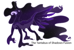 Size: 1280x873 | Tagged: safe, artist:scarletextreme, pony of shadows, tantabus, oc, oc only, g4, curved horn, ethereal mane, ethereal tail, fusion, horn, horror, solo, spread wings, tail, tongue out, wings