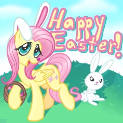 Size: 2100x2100 | Tagged: safe, artist:goreharvest, angel bunny, fluttershy, pegasus, pony, rabbit, g4, angry, animal, basket, bunny ears, crossed arms, cute, duo, easter, easter basket, fake nose, female, happy easter, high res, holiday, looking at you, male, mare, open mouth, open smile, shyabetes, smiling, smiling at you, whiskers