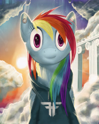 Size: 2000x2500 | Tagged: safe, artist:quiet-victories, rainbow dash, pegasus, pony, g4, clothes, ear piercing, female, high res, hoodie, looking at you, mare, piercing, sky, solo
