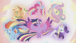 Size: 2208x1242 | Tagged: safe, screencap, applejack, fluttershy, pinkie pie, rainbow dash, rarity, twilight sparkle, alicorn, earth pony, pegasus, pony, unicorn, g4, my little pony: friendship is magic, twilight's kingdom, mane six, rainbow power, rainbow power-ified