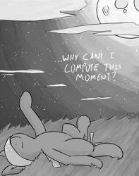 Size: 539x683 | Tagged: safe, oc, oc only, oc:droner, original species, plane pony, cloud, cloudy, depressed, drone, feels, feels bad man, grass, grayscale, looking up, lying down, monochrome, moon, on back, plane, stargazing, starry night, stars