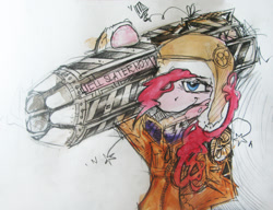 Size: 1919x1470 | Tagged: safe, artist:quiet-victories, pinkie pie, earth pony, pony, g4, bomber jacket, clothes, female, gun, hat, jacket, mare, simple background, smiling, solo, traditional art, weapon, white background