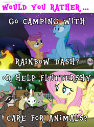 Size: 1006x1368 | Tagged: safe, edit, edited screencap, screencap, angel bunny, fluttershy, rainbow dash, scootaloo, beaver, pegasus, pony, raccoon, g4, magic duel, sleepless in ponyville, campfire, camping, female, filly, foal, log, male, mare, sitting, text, would you rather