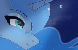 Size: 1920x1237 | Tagged: safe, artist:scarletextreme, princess luna, alicorn, pony, g4, bust, ethereal mane, female, looking up, mare, portrait, side view, smiling, starry night