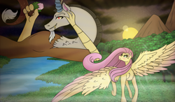 Size: 3300x1932 | Tagged: safe, artist:scarletextreme, discord, fluttershy, draconequus, pegasus, pony, g4, blushing, duo, duo male and female, female, flower, grin, hand on head, high res, lying down, male, mare, mountain, mountain range, on back, river, smiling, spread wings, sunset, water, wing fluff, wings