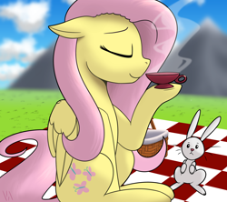 Size: 2700x2400 | Tagged: safe, artist:valthonis, angel bunny, fluttershy, g4, blurry background, cup, high res