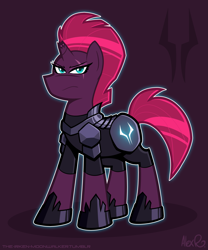 Size: 1741x2094 | Tagged: safe, artist:the-irken-moonwalker, tempest shadow, pony, unicorn, g4, armor, broken horn, eye scar, female, frown, hoof shoes, horn, looking at you, mare, purple background, scar, simple background, solo, storm king's emblem