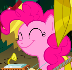 Size: 731x708 | Tagged: safe, screencap, pinkie pie, earth pony, pony, g4, season 1, swarm of the century, accordion, banjo, cropped, cute, diapinkes, eyes closed, female, harmonica, mare, musical instrument, one-pony band, smiling, solo, sousaphone, tuba