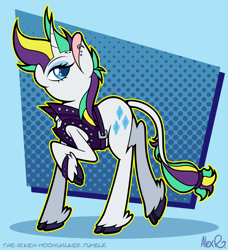Size: 2164x2368 | Tagged: safe, artist:the-irken-moonwalker, rarity, classical unicorn, pony, unicorn, g4, alternate hairstyle, beautiful, bracelet, clothes, cloven hooves, colored hooves, ear piercing, earring, fabulous, female, high res, horn, jacket, jewelry, leather, leather jacket, leonine tail, light blue background, mare, mohawk, piercing, punk, raised hoof, raripunk, simple background, solo, studs, tail, unshorn fetlocks