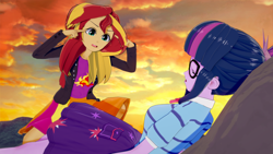 Size: 1920x1080 | Tagged: safe, artist:phoenixflambe, sci-twi, sunset shimmer, twilight sparkle, human, equestria girls, g4, 3d, breasts, clothes, duo, duo female, female, invincible, koikatsu, meme, omni-man, sci-twi skirt, skirt, think mark