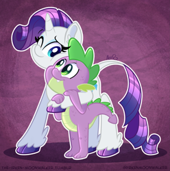 Size: 2135x2154 | Tagged: safe, artist:the-irken-moonwalker, rarity, spike, classical unicorn, dragon, pony, unicorn, g4, awww, baby, baby dragon, blue eyes, cloven hooves, colored hooves, cute, daaaaaaaaaaaw, ear fluff, fangs, female, green eyes, high res, hoof around neck, horn, hug, leg fluff, leonine tail, looking at each other, male, mare, one eye closed, purple background, raribetes, scales, ship:sparity, shipping, signature, simple background, smiling, spikabetes, squishy, squishy cheeks, straight, tail, unshorn fetlocks