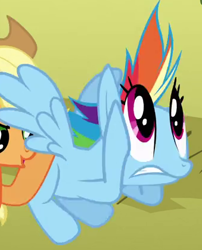 Size: 339x420 | Tagged: safe, screencap, applejack, rainbow dash, pony, fall weather friends, g4, season 1, cropped, duo, female, great moments in animation, mare, offscreen character, smear frame, solo focus