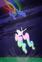 Size: 2050x3000 | Tagged: safe, artist:scarletextreme, nightmare moon, princess celestia, princess luna, alicorn, pony, g4, banishment, crying, duo, ethereal mane, falling, female, high res, mare, starry background