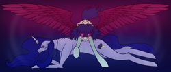 Size: 3206x1351 | Tagged: safe, artist:scarletextreme, oc, oc only, oc:scarlet reign, oc:thunderstorm, pegasus, pony, unicorn, duo, female, fluffy, glowing, glowing eyes, growling, looking at you, lying down, mare, prone, protecting, raised hoof, spread wings, wings