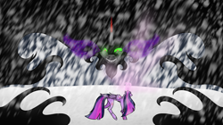 Size: 3206x1800 | Tagged: safe, artist:scarletextreme, king sombra, twilight sparkle, alicorn, pony, umbrum, g4, duo, female, fight, glowing, glowing eyes, male, mare, shadow, snow, snowfall, stallion, twilight sparkle (alicorn)