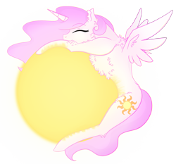 Size: 1797x1673 | Tagged: safe, artist:scarletextreme, princess celestia, alicorn, pony, g4, chest fluff, eyes closed, female, hug, mare, pink mane, pink-mane celestia, solo, spread wings, sun, wings