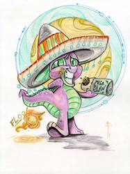 Size: 2668x3568 | Tagged: safe, artist:sara richard, spike, dragon, g4, beans, burrito, commission, embarrassed, embarrassed grin, fart, fire fart, food, high res, male, solo, sombrero