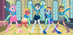 Size: 1600x772 | Tagged: safe, artist:mlp-her, oc, oc only, dracony, human, hybrid, equestria girls, g4, arms in the air, auditorium, base used, big smile, boots, canterlot high, clothes, crossed arms, fake tail, female, hand on hip, interspecies offspring, looking at you, offspring, open mouth, open smile, parent:applejack, parent:big macintosh, parent:caramel, parent:fluttershy, parent:pinkie pie, parent:pokey pierce, parent:rainbow dash, parent:rarity, parent:soarin', parent:spike, parents:carajack, parents:fluttermac, parents:pokeypie, parents:soarindash, parents:sparity, pony ears, pose, shoes, skirt, smiling, smiling at you, sweater, wondercolts, wondercolts uniform