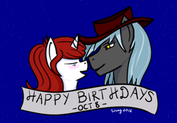 Size: 1192x828 | Tagged: safe, artist:wing, derpibooru exclusive, oc, oc only, oc:autumn tea, oc:trigger, pony, unicorn, birthday gift art, bust, couple, duo, eyes closed, female, gift art, hat, imminent kissing, looking at someone, male, mare, portrait, shipping, side view, stallion, text