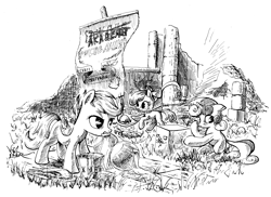 Size: 3396x2472 | Tagged: safe, artist:mcstalins, apple bloom, scootaloo, sweetie belle, earth pony, pegasus, pony, unicorn, g4, cutie mark crusaders, female, filly, foal, high res, monochrome