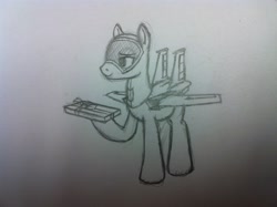 Size: 2592x1936 | Tagged: safe, oc, oc only, unnamed oc, original species, plane pony, f-15 eagle, holding, jet, jet fighter, jet plane, looking sideways, looking to the left, male, pencil drawing, plane, present, raised hoof, ribbon, simple background, smiling, solo, stallion, standing, traditional art, white background